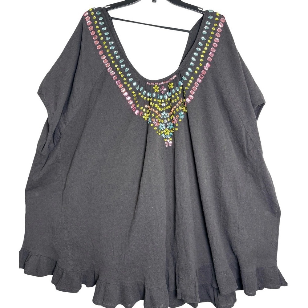 Roaman's Swim Cover Up Women 3X Black Beaded Jewel Embellished Ruffle Gauze